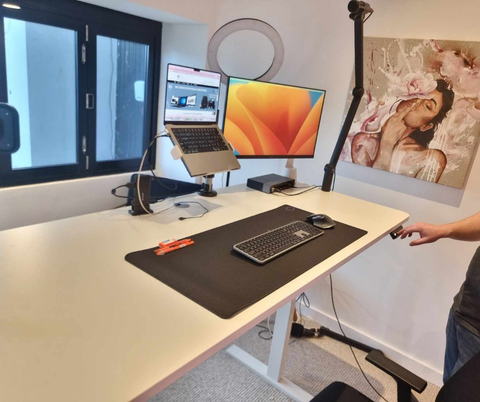 Home Office Complete I 1800 x 750 Electric Desk, AFRDI Rated Ergonomic Chair, 8-in-1 Dock and dual monitor arms and cable tray